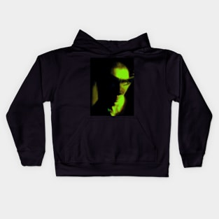 Portrait, digital collage and special processing. Face. Guy in mask. Weird. Green, blur. Kids Hoodie